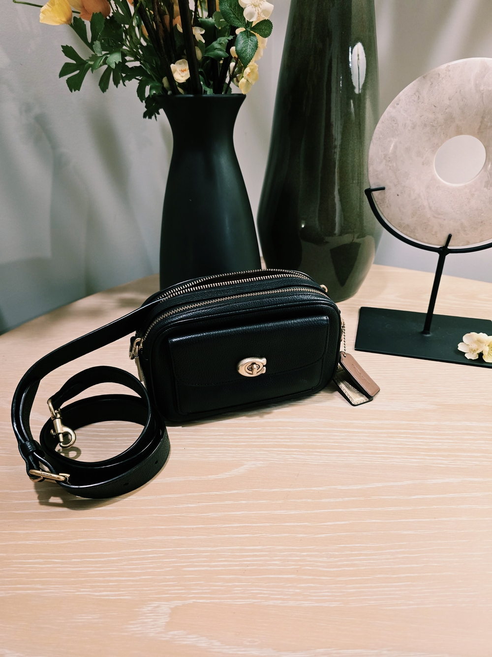 Coach Black Leather Camera Bag with Gold Hardware